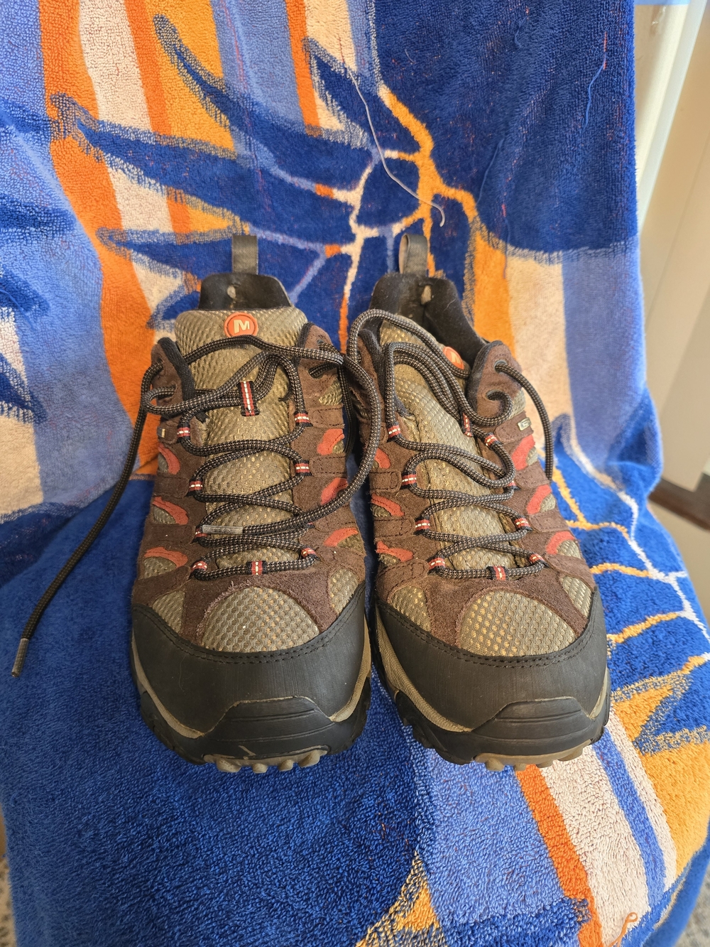 Merrell Men's Trail Hiking Shoes in Brown and Olive with Red Accents
